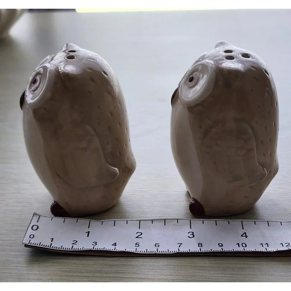 Pier 1 Owl Salt & Pepper Shaker Set Ceramic Beige Brown White Kitchen Decor